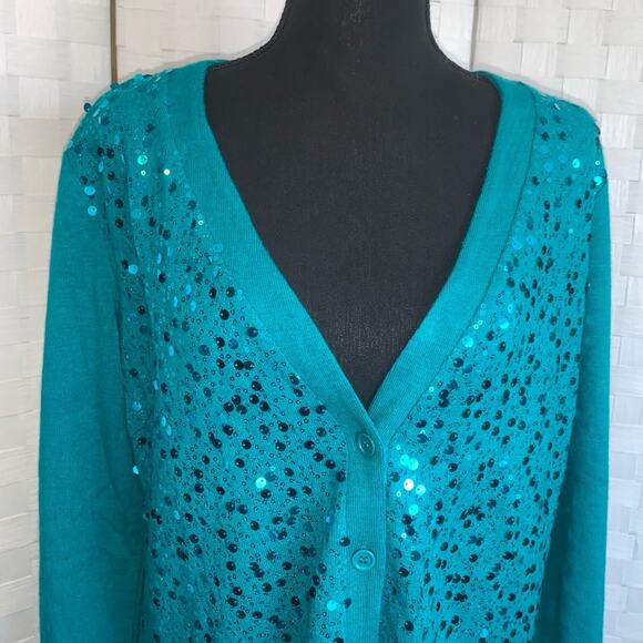 Bob Mackie Womens Wearable Art Sequin Aqua Blue Button Up Cardigan Size Small - Picture 5 of 16